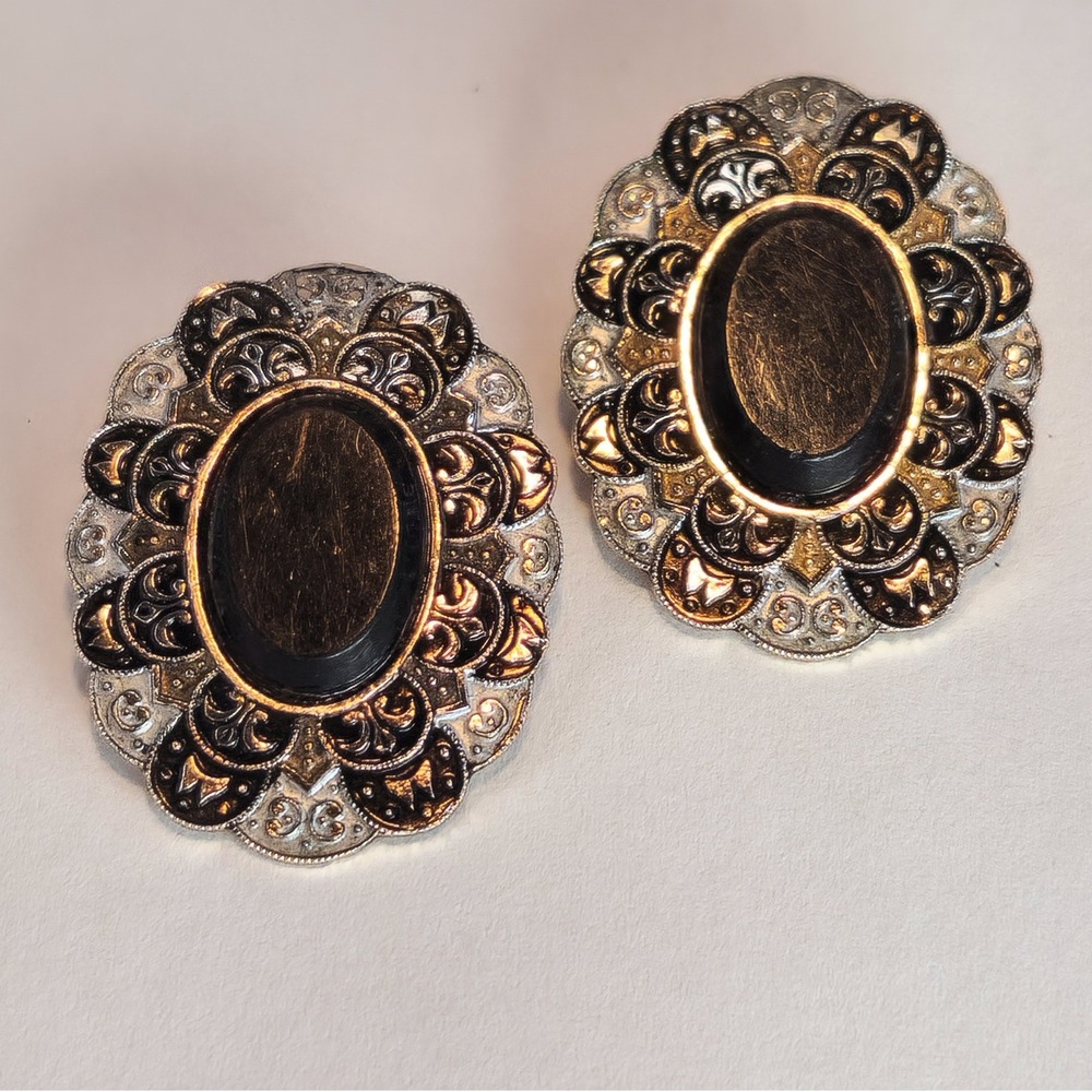 Vintage West Germany Black Cabochon Filigree Clip On Earrings Mixed Metal